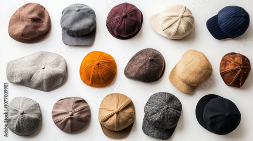 Flat caps and newsboy hats in a variety of hues and patterns against a white backdrop  photo