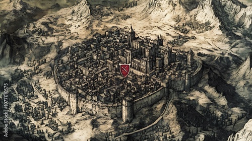 A detailed, hand-drawn map of a fortified medieval city nestled in a mountainous region.