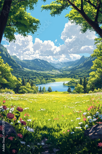 A bright summer landscape with lush green meadows, wildflowers, and a clear lake surrounded by mountains under a blue sky with fluffy clouds. Framed by trees, the scene is peaceful and inviting