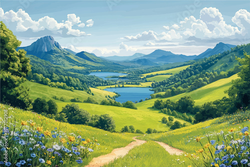 A lush valley landscape with a winding path leading to blue lakes, surrounded by green hills and distant mountains. Wildflowers bloom under a bright sky filled with fluffy clouds