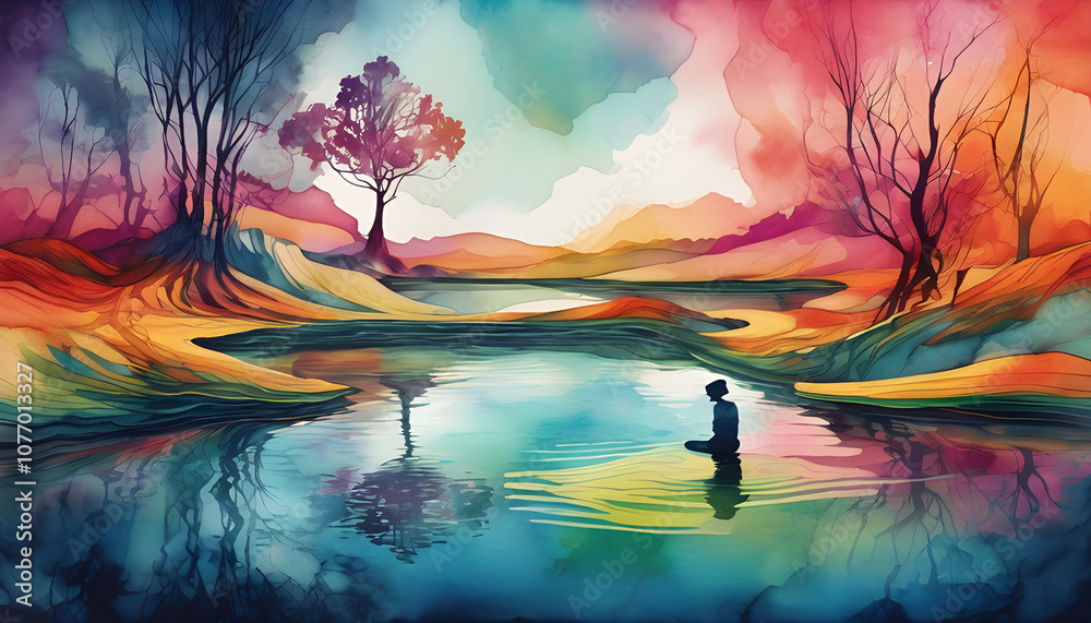 Fototapeta premium Depression Image of a pond with a sad looking person's shadow reflected back