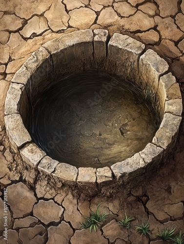 Dry cracked earth with empty well. Water shortage crisis concept photo