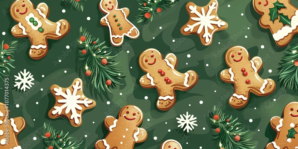 Naklejka premium A seamless design of gingerbread men and&nbsp;snowflakes with&nbsp;stars&nbsp;and fir trees is drawn manually on a green background to represent Christmas treats, Generative AI.