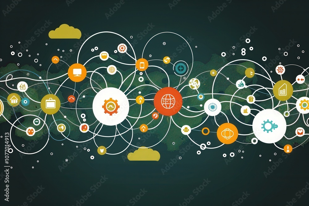 Obraz premium A digital abstract illustration showcasing interconnected nodes and network patterns, symbolizing technology and data communication.