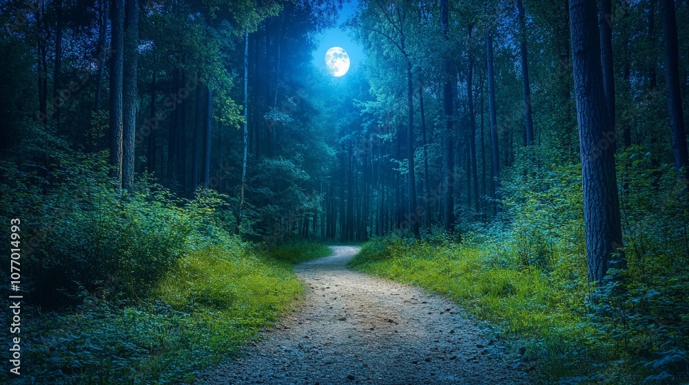 Obraz premium Enchanted Forest Trail, a mysterious hiking path winding through a dense, shadowy forest, tall trees softly illuminated by moonlight, inviting exploration and adventure.
