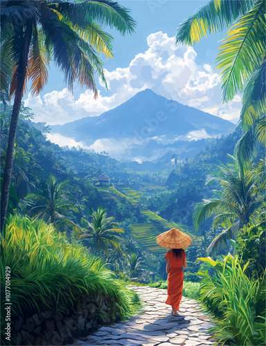 A serene tropical scene with a traveler in traditional attire walking along a path surrounded by lush greenery and palm trees. A majestic volcano towers in the background under a bright, cloudy sky