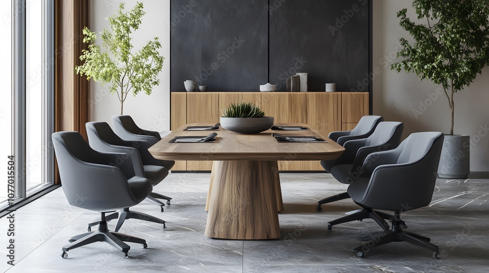 Fototapeta premium Minimalist Meeting Space with Wooden Table and Gray Chairs
