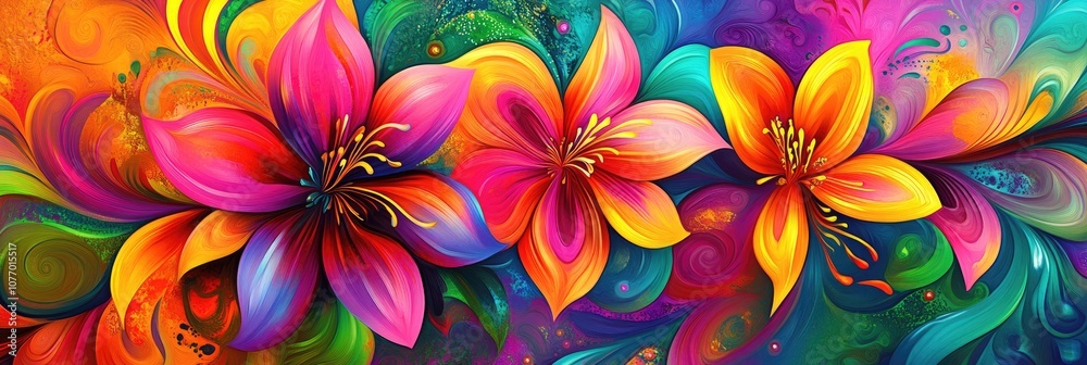 Fototapeta premium Abstract flowers in bold, bright colors with intricate, psychedelic patterns swirling around a vibrant background