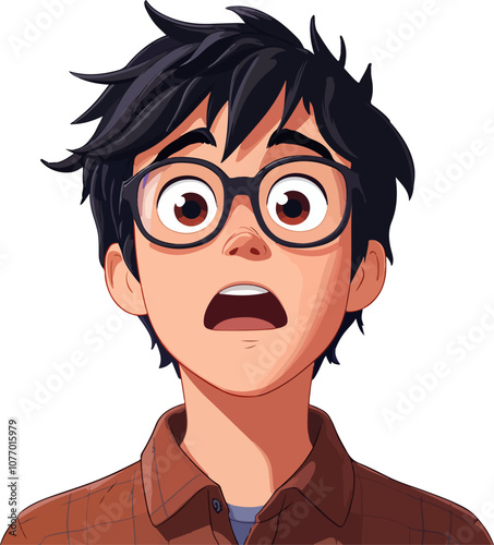 An expressive illustration of a surprised young man with messy dark hair and large glasses, wearing a casual plaid shirt. His wide-open eyes and mouth convey shock or amazement