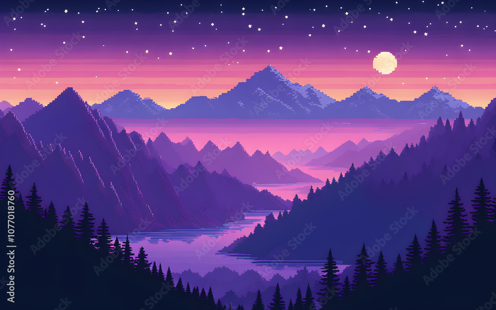 Obraz premium Pixel art mountain range at twilight, layered purples and blues with scattered stars