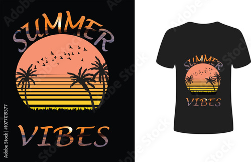 This T-shirt design titled "Summer Vibes" captures a warm, tropical atmosphere with a vibrant sunset. The central image shows a large, setting sun in hues of orange and yellow, creating a gradient eff