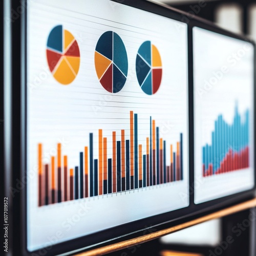 A digital display shows colorful graphs and charts analyzing data trends and statistics. photo