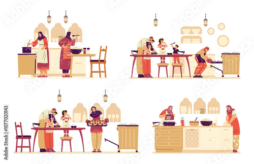 Muslim family prepares a festive dinner together in the kitchen.