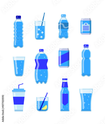 Set of different cartoon water drinks in plastic bottles, glass cups isolated on white background. Natural and carbonated water beverages.