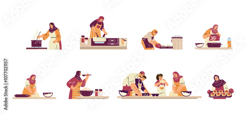 Muslim women cooking vector illustration set