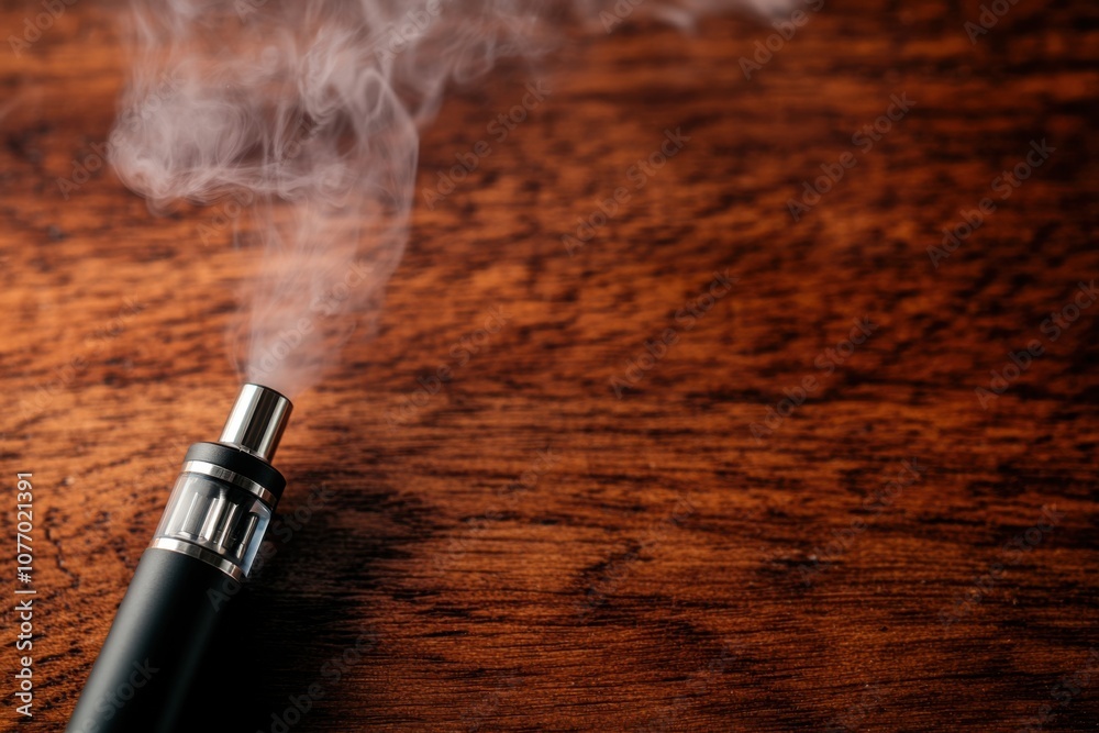 Naklejka premium A close-up of a vape device releasing smoke against a wooden background, highlighting modern vaping culture and the aesthetics of smoking alternatives.