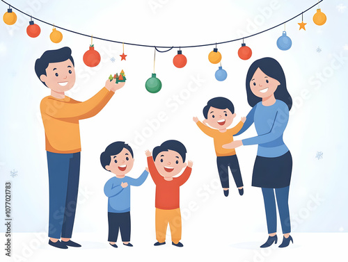 Flat Candid Family Decorating Labh Pancham Altar Together, Collaborative Efforts in Ritual Preparation with Flowers and Candles, Love and Devotion Illustrated in Simple Vector Design photo