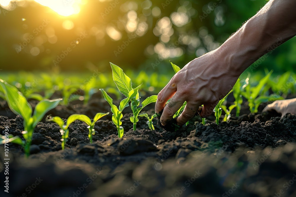 Fototapeta premium A close shot of a gardener provides a large area for textual use while tending to young corn plants in a lovely bright daytime setting, Generative AI.