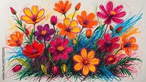 Close-up of rare flowers with vivid colors, drawn in a chaotic crayon style, creating a calming yet vibrant wallpaper.