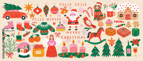 Christmas set of graphic elements, hand drawn style - cute objects, Santa Claus, Christmas tree, gift boxes, baubles and other elements. Vector illustration.