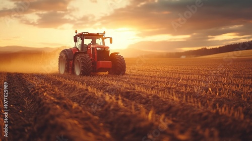 A red tractor plows a field at sunset.