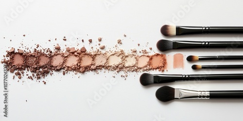 A flat lay of essential makeup products with swatches and brushes.