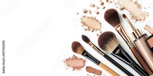 A flat lay of essential makeup products with swatches and brushes.