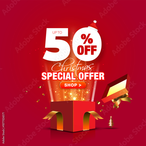 Christmas Promotional- Offers, Sale, gift, open gift box, shopping, logo, black deal, 50% off, discount concept and merry Christmas background.
