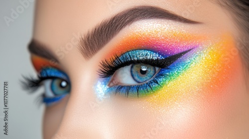 Vibrant rainbow eye makeup showcasing bold colors, intricate design, and dazzling artistry that captivates the viewer\'s attention