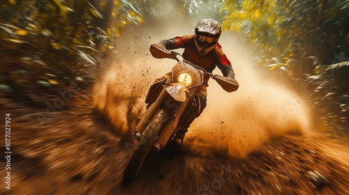 A motocross rider speeds through a dusty jungle path, kicking up a cloud of dirt as he leans into the turn.