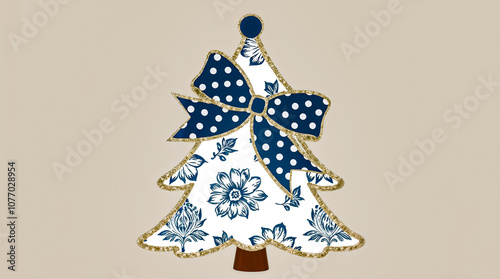 a blue and white Christmas tree with a bow on it.