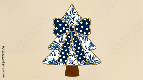 a blue and white Christmas tree with a bow on it.