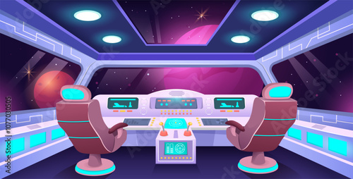 Spaceship cockpit interior. Futuristic space station control panels, pilot chairs and cosmic view of distant planets through cabin windows. Space exploration cartoon vector illustration.