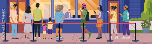 People waiting in line for tickets outside theater diverse crowd colorful attire outdoor setting ticket booth line art