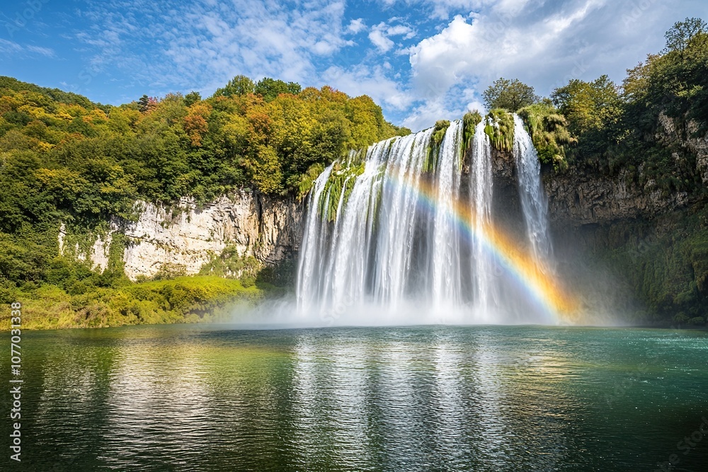 Fototapeta premium A wide shot of the majestic Horseshoe Waterfall in France, with a rainbow over the water