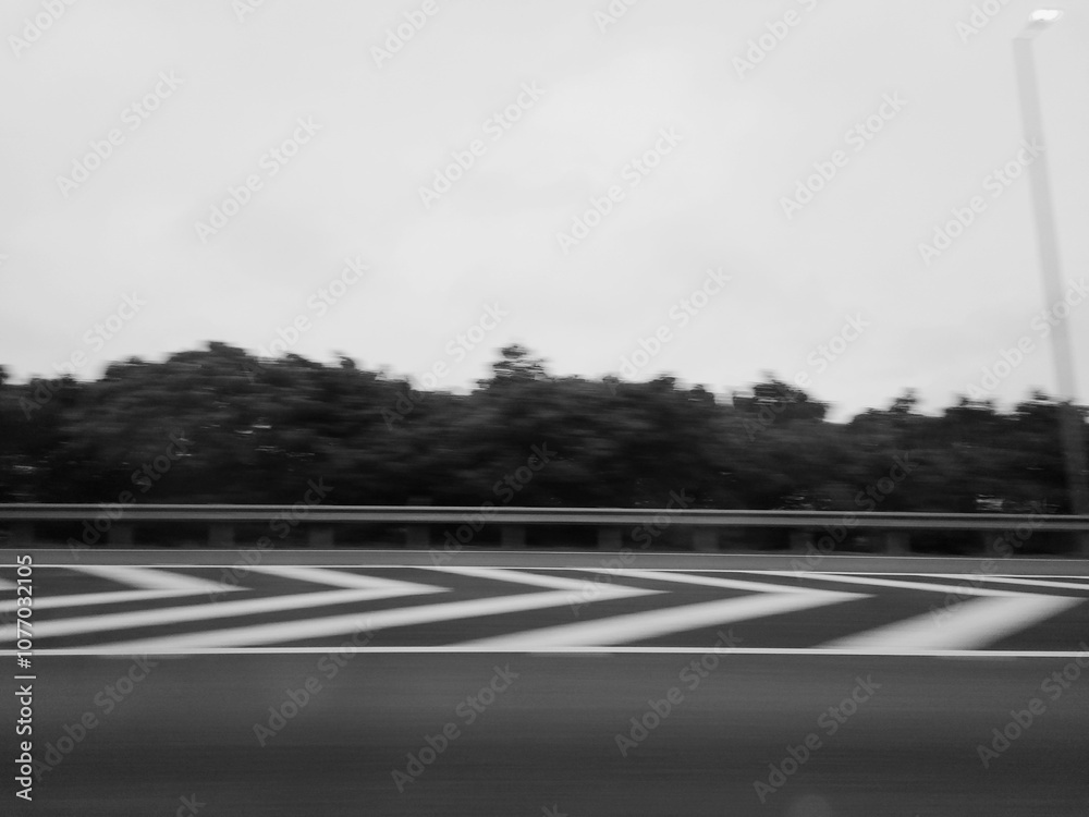 Fototapeta premium A desolate black-and-white highway stretches endlessly ahead, its empty lanes cutting through a barren landscape. 