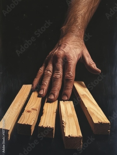 hand halts wooden dominoes from falling over, symbolizing the prevention of a business crisis and the control of potential disruptions photo