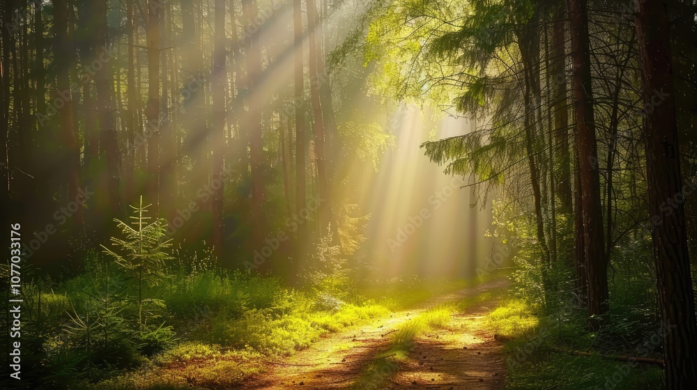 Obraz premium Sun-Kissed Forest: Rays of Light Breaking Through Misty Woodland