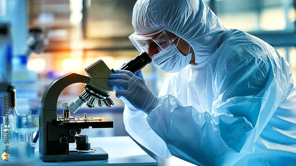 A detailed close-up of a cleanroom laboratory, with a scientist in a full protective suit intently inspecting a microchip semiconductor under a microscope. The pristine surfaces an A detailed close-up of a cleanroom laboratory, with a scientist in a full protective suit intently inspecting a microchip semiconductor under a microscope. The pristine surfaces an