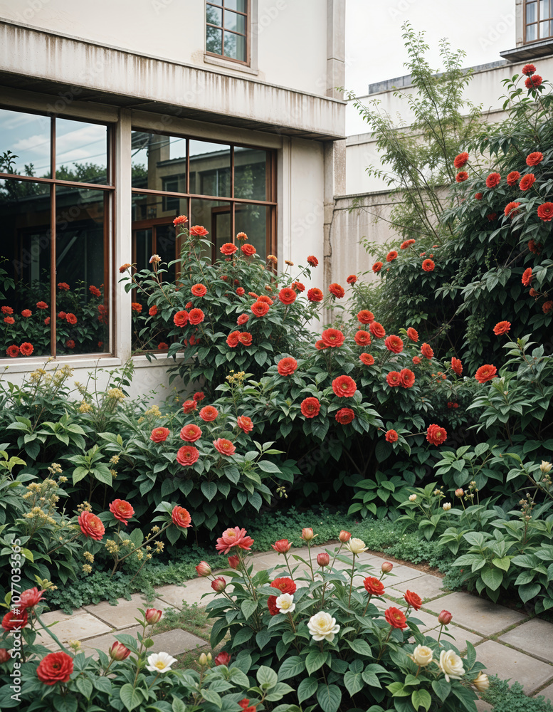 Obraz premium A lush garden with vibrant red roses and other flowering plants surrounding a glass-walled building