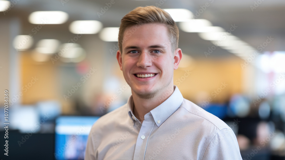 Fototapeta premium A young Caucasian man in a light blue shirt smiles confidently in a modern office environment, embodying a professional and friendly demeanor.