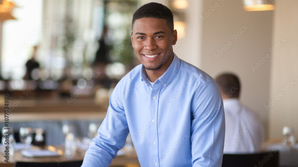 Obraz premium Smiling Black male waiter wearing a blue shirt, presenting a welcoming atmosphere in a modern restaurant setting.