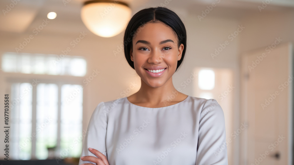 Smiling young Black woman in a light blouse, standing confidently indoors with a bright, welcoming atmosphere. Smiling young Black woman in a light blouse, standing confidently indoors with a bright, welcoming atmosphere.