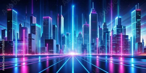 Neon Cityscape Futuristic Cityscape with Glowing Lines, 3D Rendered, Cyberpunk, Digital Art, Neon City, Retro Future