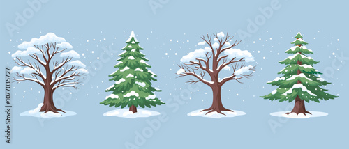 Set of winter trees and firs covered with snow on a blue background. Winter forest plants with snow on the branches. Illustration.