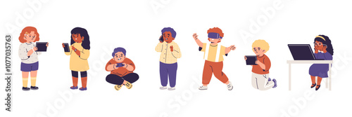 Vector illustration of a set of children of different genders with digital gadgets.