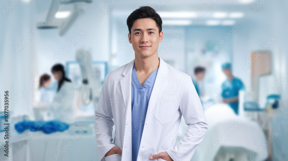 Obraz premium A confident young Asian male doctor in a white lab coat stands in a modern hospital environment, exuding professionalism and compassion.