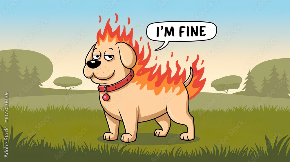 Funny dog with the inscription. I'm fine. Animal art.