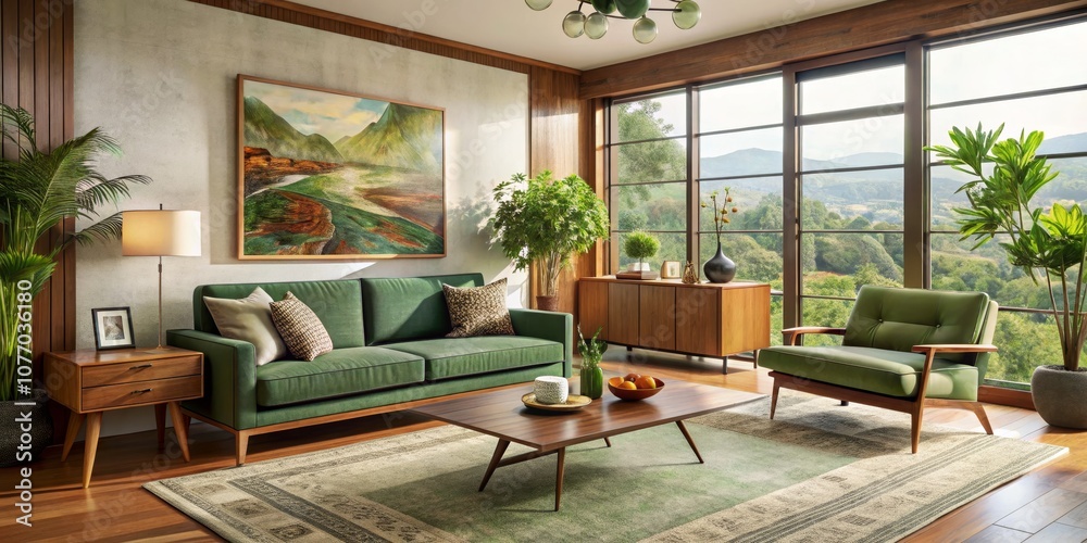 Fototapeta premium Mid-Century Modern Living Room with Green Sofa and Mountain View, Interior Design, Home Decor ,midcentury modern, living room