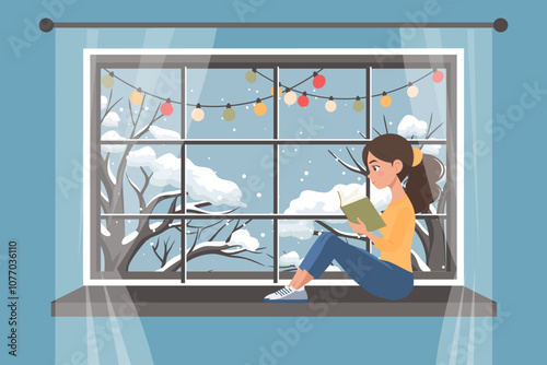 Cute girl reading book at the winter window. New Year and Christmas background. Cozy winter illustration for bookshop, library, bookstore.